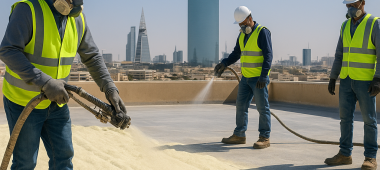 فريق احترافي يرش فوم البولي يوريثان على سطح مسطح في الرياض مع مبانٍ حديثة في الخلفية