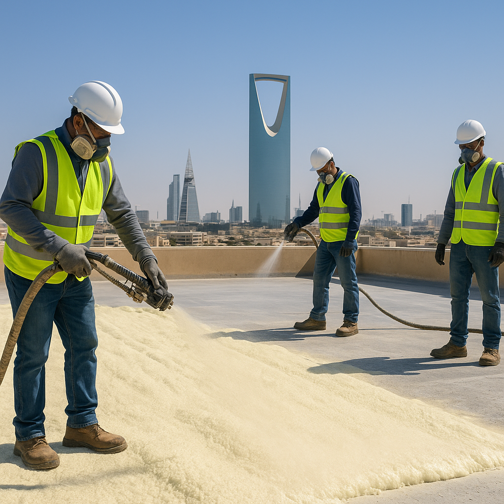 فريق احترافي يرش فوم البولي يوريثان على سطح مسطح في الرياض مع مبانٍ حديثة في الخلفية