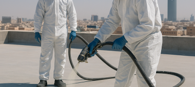 فنيون يضعون عزل الفوم على سطح مسطح في الرياض باستخدام معدات السلامة وآلة الرش